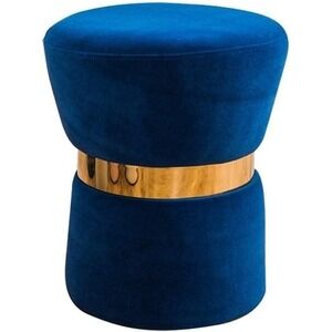 Stool‎ Small Round Footstool Upholstered BLUE with Gold Plated Metal band